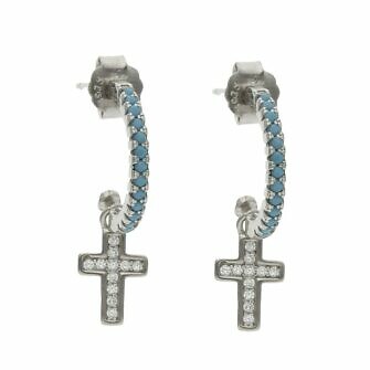 Aros en Plata de Ley de 925mm. con circonitas azules y cruz con circonitas blancas.