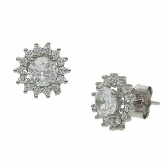 Pendientes de plata con piedra central + cerco de circonitas en forma de flor