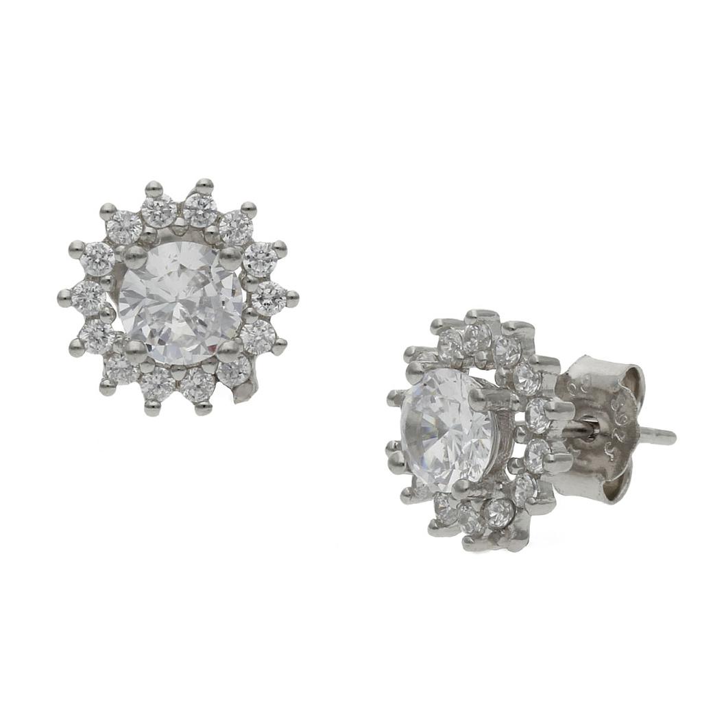 Pendientes de plata con piedra central + cerco de circonitas en forma de flor