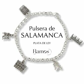 Pulsera de Salamanca abalorios iconos de la ciudad Plaza Mayor, Fachada de La Universidad, Puente Romano, Lazarillo de Tormes, Rana de Salamanca