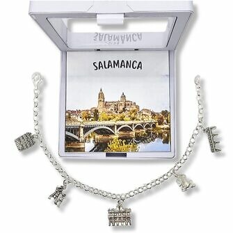 Pulsera de Salamanca abalorios iconos de la ciudad Plaza Mayor, Fachada de La Universidad, Puente Romano, Lazarillo de Tormes, Rana de Salamanca