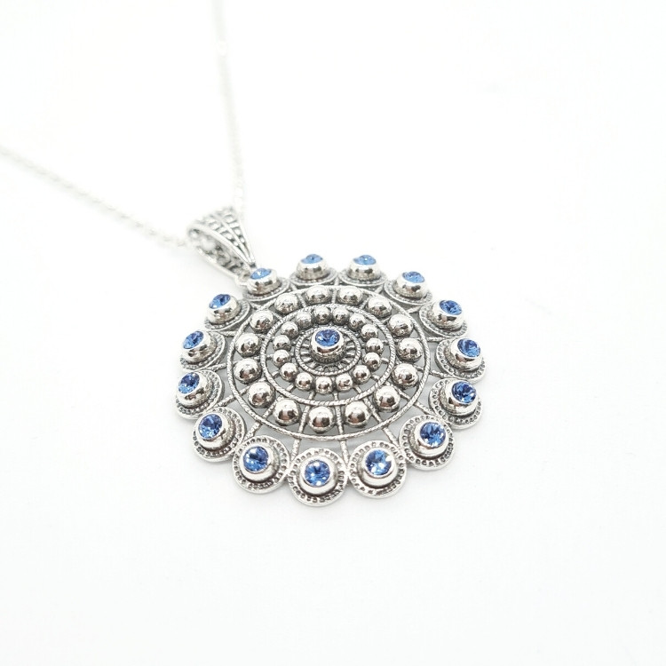 Colgante charro grande cristales color azul botón charro de Salamanca collar charro moderno filigrana charra plata de ley con cadena