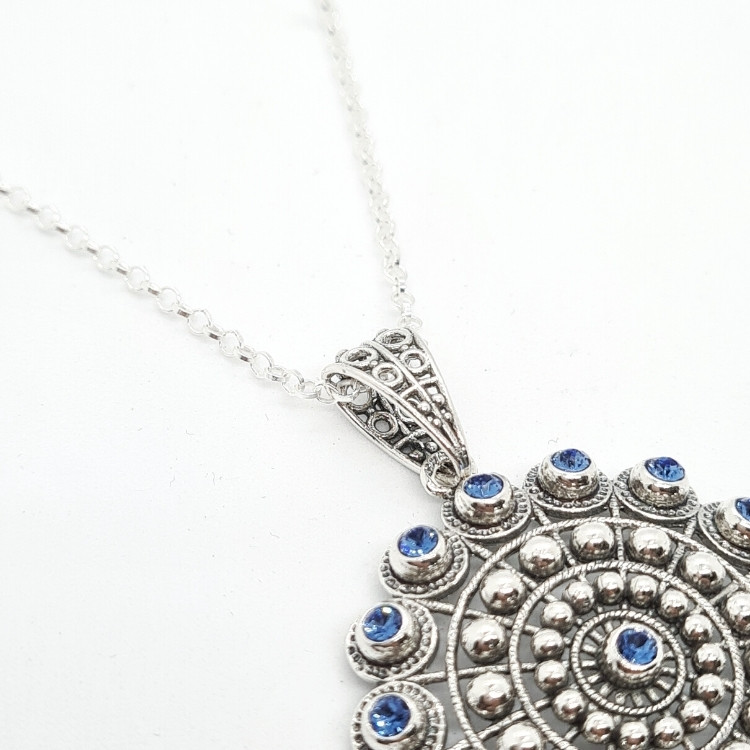 Colgante charro grande cristales color azul botón charro de Salamanca collar charro moderno filigrana charra plata de ley salmantino