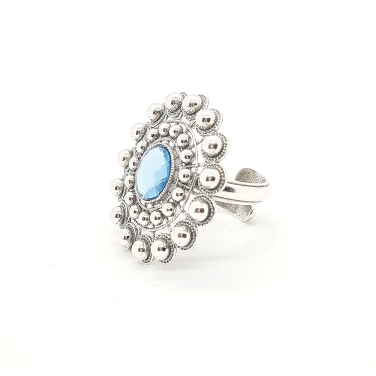 Anillo charro plata cristal azul celeste, negro o blanco XXL