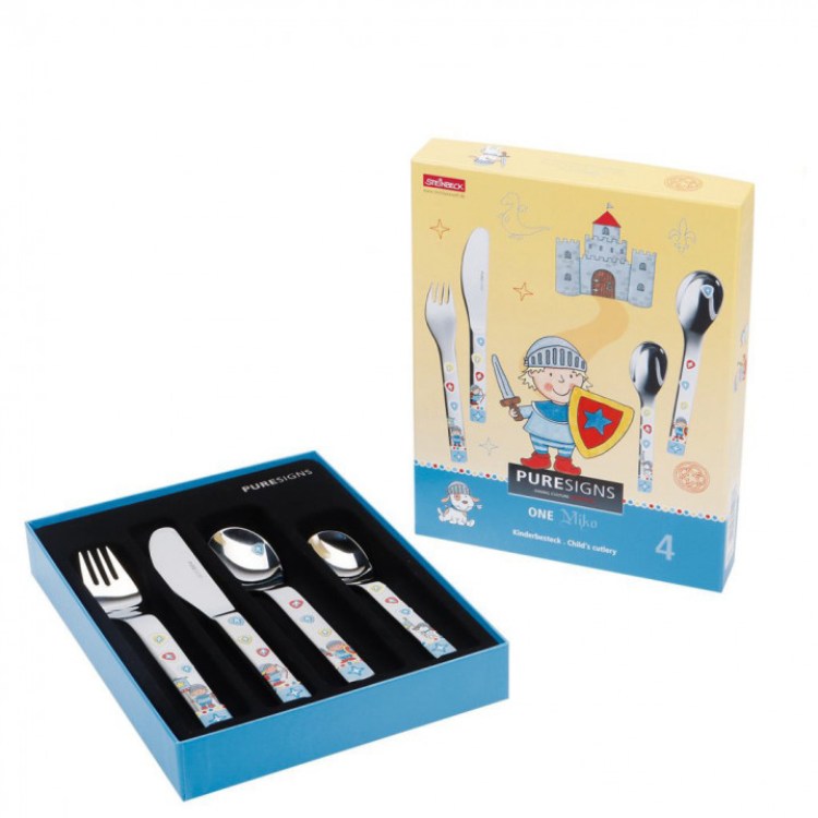 Cubiertos infantiles de acero inoxidable set cuchara tenedor cuchillo cucharilla caballero espada para niño LU6089 colores estuche