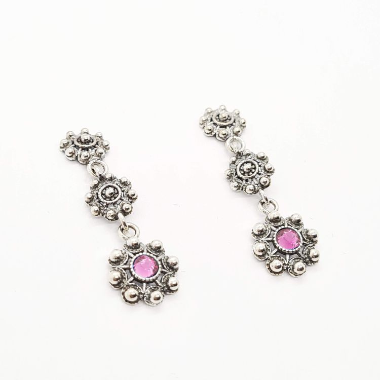 Pendientes tres botones charros cristal color rosa en plata de ley filigrana charra de Salamanca 3 botón charro icono de Salamanca