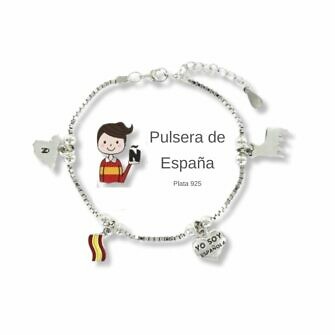 Pulsera España Mujer Plata pulsera para mujer con abalorios representativos de España. El toro, corazón yo soy española, bandera de España y territorio español