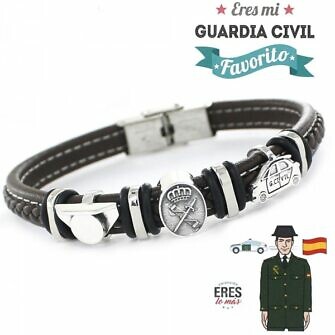 Pulsera Guardia Civil Hombre Pulsera de cuero con motivos en plata de guardia civil tricornio escudo y coche 9109469
