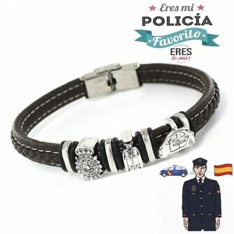 Pulsera Policía Hombre en plata de ley y cuero con motivos en plata específicos de la policía. Escudo de la Policía, hombre policía y coche de policía