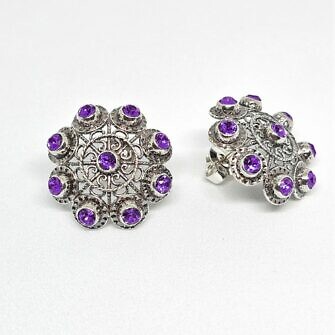 Pendientes botón charro plata cristales color morado